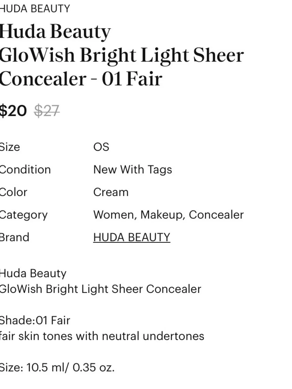 Huda Beauty GLOWISH BrightLight Sheer Concealer 01 FAIR